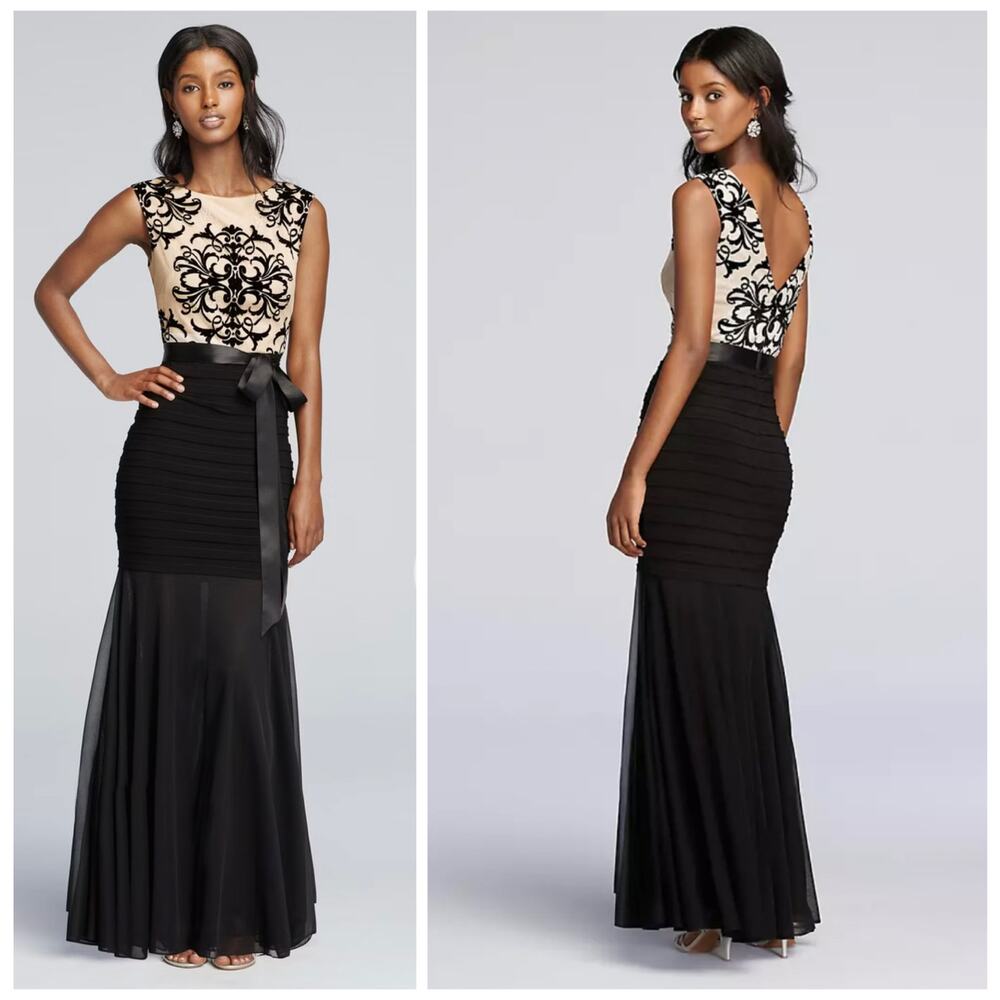 Betsy & Adam Black and Cream Embroidered Bodice Maxi Dress